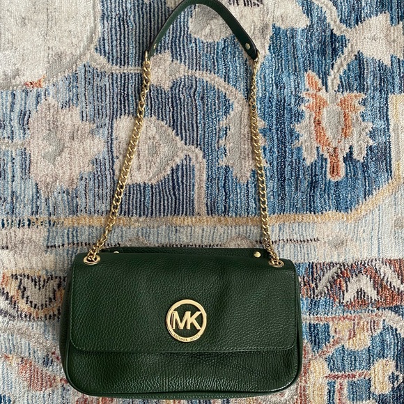Michael Kors Genuine Leather Hunter Green Shoulder Bag with Gold Accents - Picture 10 of 14